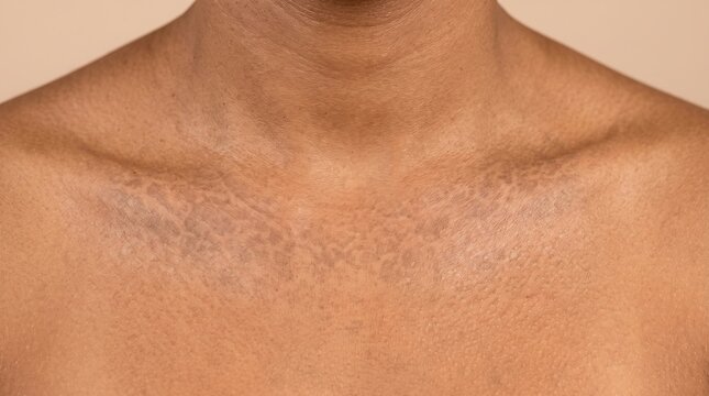 Close up of chest and collarbone with dark skin pigmentation, macular amyloidosis, acanthosis nigricans or hyperpigmentation condition