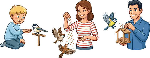 People Feeding Wild Birds Vector Illustration Set Featuring Boy Feeding Chickadee Woman Scattering Seeds for Sparrows and Man Filling Bird House Feeder for Nature UX UI Graphic DesignsPeople Feeding W © MST