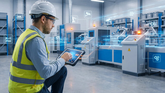 Engineer wearing a hard hat and safety vest monitors an automated factory production line using a rugged digital tablet.