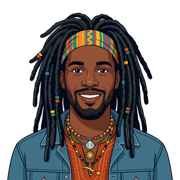 Smiling Man with Dreadlocks Wearing Headband and Necklaces - Vector Art