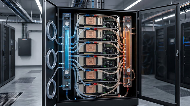Photorealistic Liquid Cooled AI Rack Cold Plate Manifold Quick Disconnect Data Center Hardware 3D