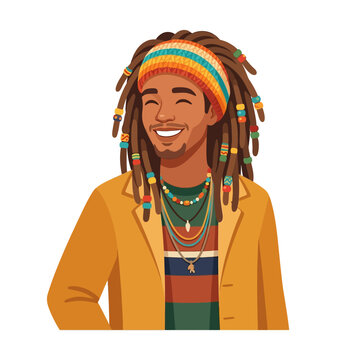 Smiling Man with Dreadlocks, Colorful Beanie and Necklaces, Vector Illustration