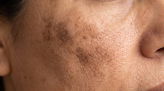 Close up of female face with melasma, chloasma, dark hyperpigmentation and sun spots on cheek, skincare and medical concept