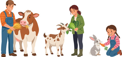 Farmers Feeding Domestic Animals Vector Illustration Set Featuring Male Farmer Feeding Cow Hay Woman Feeding Goat Leaves and Little Girl Feeding Rabbit Carrot for Agriculture UX UI Graphic DesignsFarm