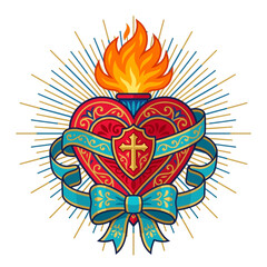 Fototapeta premium Sacred Heart Symbol with Flames, Cross, Ribbon, and Rays - Religious Icon
