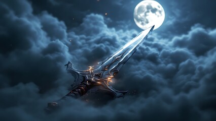 Glowing Enchanted Fantasy Blade Floating Above Dark Night Clouds Under A Bright Full Moon © GreenLand