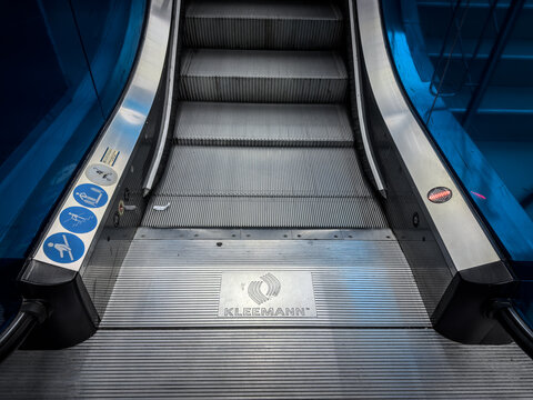 BELGRADE, SERBIA - FEBRUARY 15, 2026: Close view of the Kleemann logo on an escalator landing, in belgrade. Kleemann is a greek manufacturer of escalators, elevators and lifts.