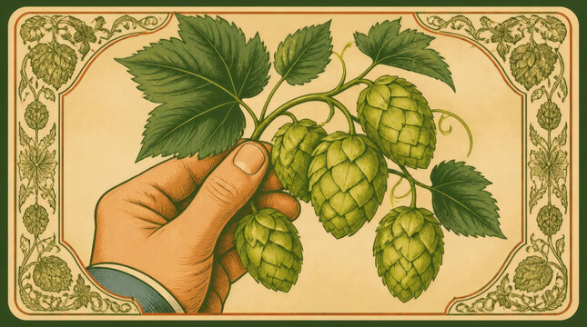 Hand Holding Fresh Hops Illustration Vintage Seed Packet Design