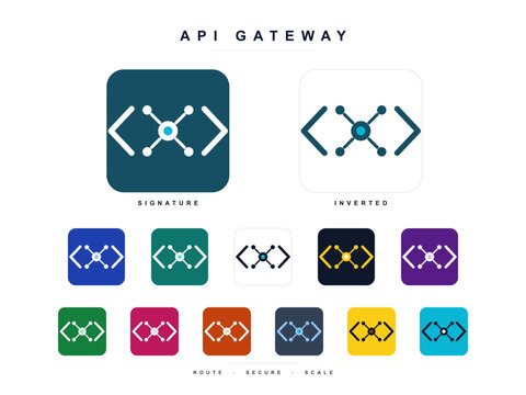 Api gateway logo design set featuring a central node icon surrounded by code brackets, representing routing, security, and scalability in software architecture