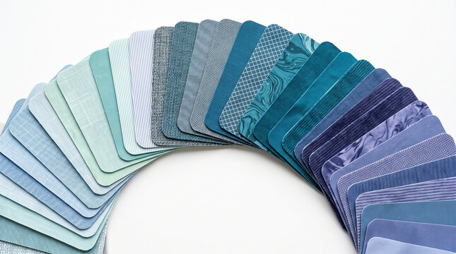 A fan deck of fabric swatches in various shades of blue and teal isolated on white background