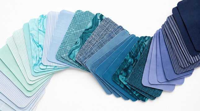 A fan of blue fabric swatches in various shades and textures isolated on white background