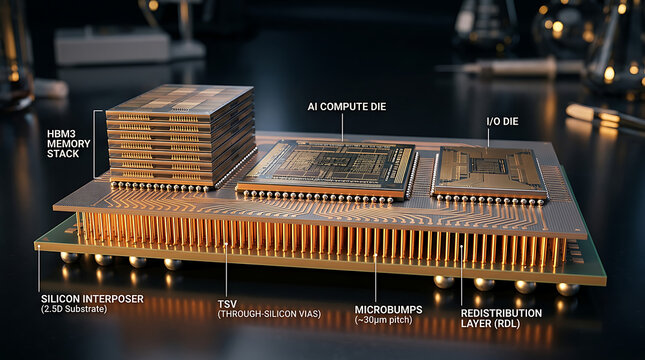 Photorealistic Macro Chiplet Silicon Interposer AI Processor TSV Microbumps Advanced Packaging 3D Render