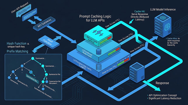 Isometric Prompt Caching System LLM API Cache Hierarchy Prefix Matching Hit Miss Fallback Diagram