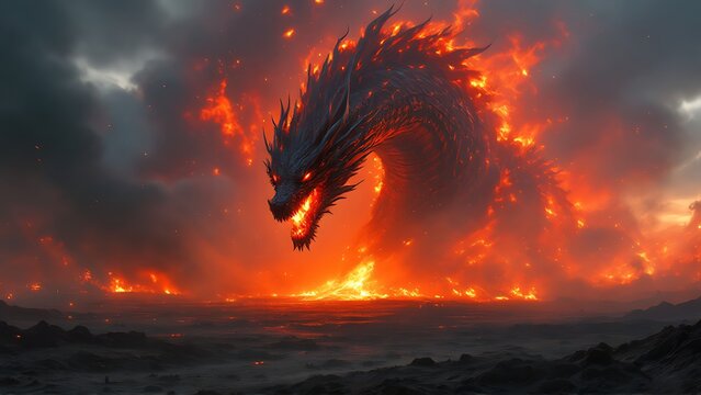 Giant fire dragon emerging from burning volcanic ashes in an apocalyptic fantasy landscape