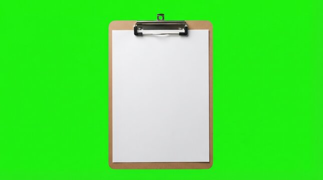 Clipboard with blank white paper provides a professional office tool for organizing documents on green background.