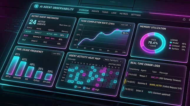 Dark Themed AI Agent Observability Dashboard Real Time Metrics Task Completion Tool Usage Monitoring