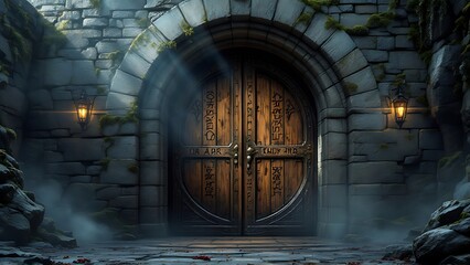 Fototapeta premium Ancient medieval wooden door in a stone archway with glowing lanterns and foggy mystic entrance to castle dungeon