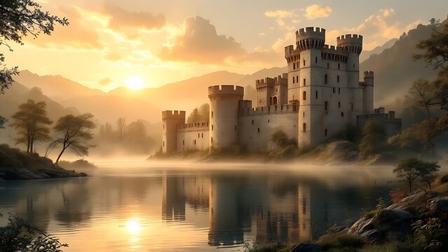 Majestic Medieval Castle by a Misty Lake at Sunrise with Mountains in the Background