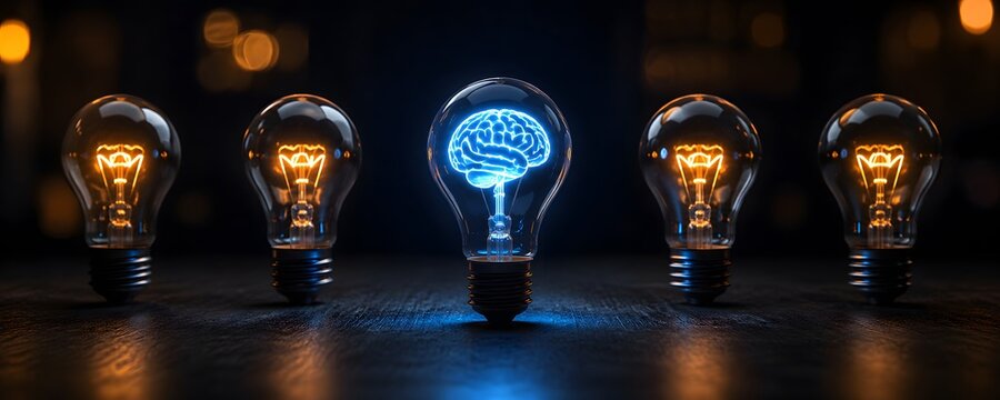 A glowing brain inside a light bulb stands out among traditional bulbs, symbolizing breakthrough ideas and innovative thinking in a dark, reflective setting.