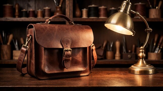 Brown leather satchel bag with buckle rests on wooden table. Vintage lamp illuminates bag and workshop tools in background. Cozy, masculine accessory for travel or daily use.