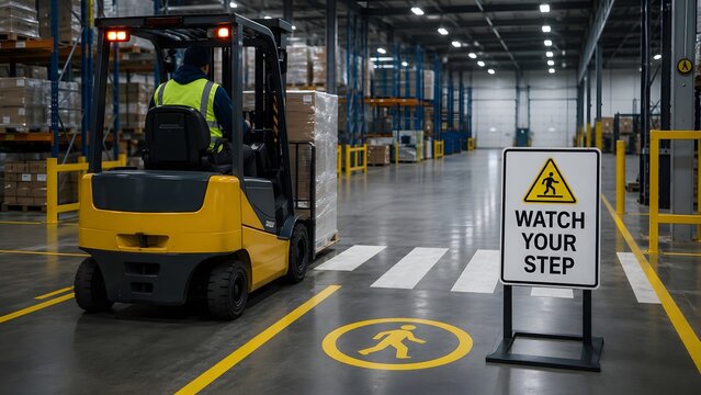 Dedicated forklift operator safely navigates a busy modern warehouse, transporting goods on pallets past clear pedestrian safety markings and signs, ensuring efficient logistics.