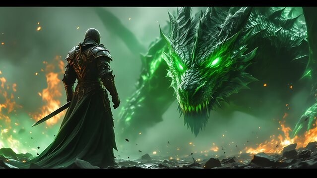 Epic confrontation between a warrior in armor and a fearsome green dragon in a fiery landscape, symbolizing a battle between good and evil