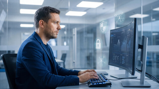Businessman monitors secure network traffic and digital assets on a curved desktop computer screen while working in a modern office environment during a late shift.