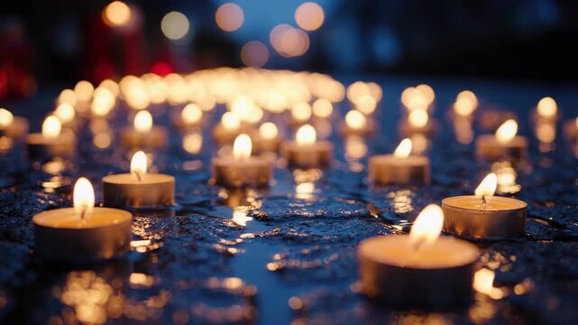 Many tea light candles flickering on wet ground at night