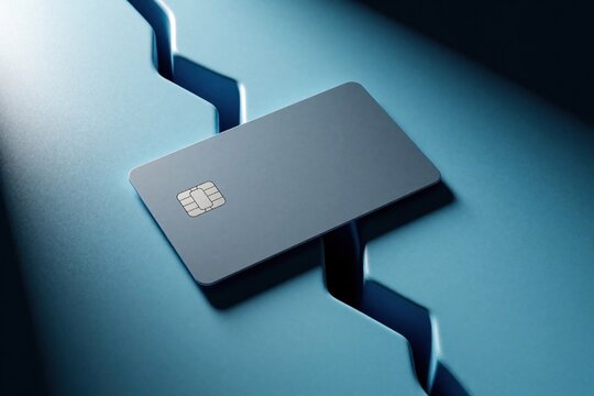 Blank grey credit card spans a deep jagged crack across a smooth blue surface. The chip is visible. Minimalist composition with strong shadow contrast.