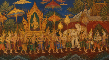 Fototapeta premium Thai Temple Mural Depicting Religious Procession with Elephant and Gilded Figures