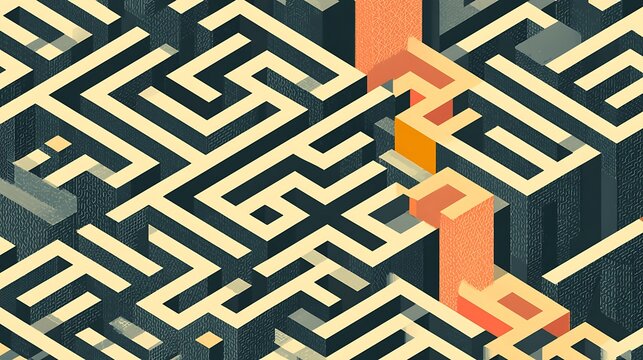 Isometric maze architecture with orange accents. Conceptual design representing complex problem solving and business.