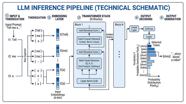 Technical LLM Inference Pipeline Tokenization Embedding Transformer Decoding Flowchart Diagram
