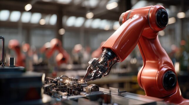 Robotic Precision: An industrial robotic arm, illuminated by sparks, meticulously works on an assembly line within a factory setting, showcasing advanced automation.