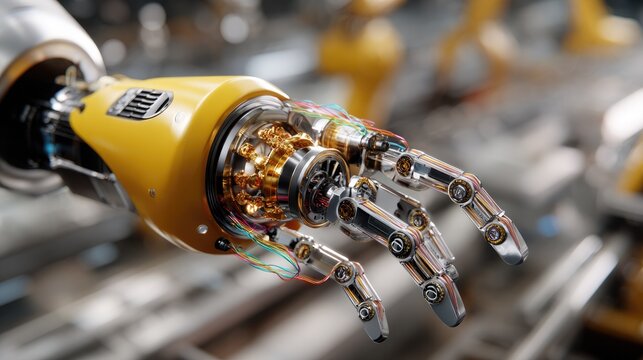 Robotic Hand Closeup: A detailed close-up shot of a sophisticated robotic hand, showcasing its intricate mechanical design and futuristic technology in a factory setting.