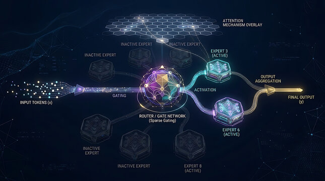 3D Mixture of Experts MoE Architecture Visualization Router Network Sparse Activation LLM Diagram
