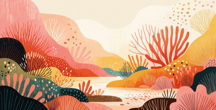 Abstract landscape illustration features coral reef underwater scene with warm orange, pink tones. Digital art shows wavy organic shapes, textured flora patterns. Graphic design elements create
