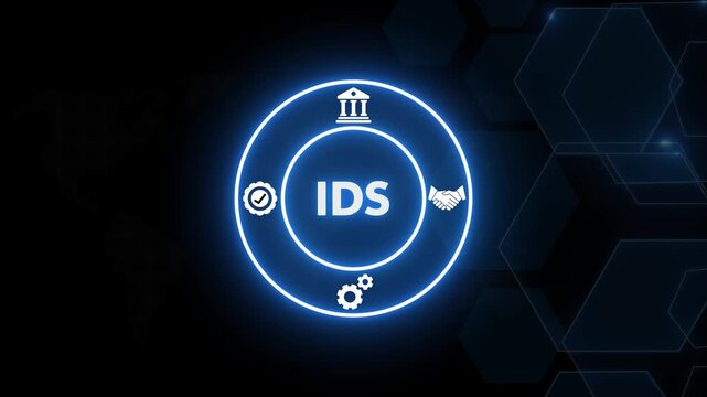 Ids business concept animation: digital banking, corporate strategy, and partnership with glowing neon circular interface