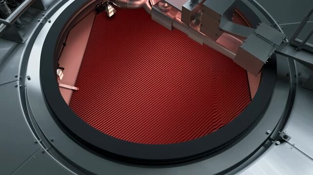 Close-up circular industrial aperture with changing inspection lighting, bolted metal rim, ribbed interior surface, gasket ring, support brackets and tubular ducting