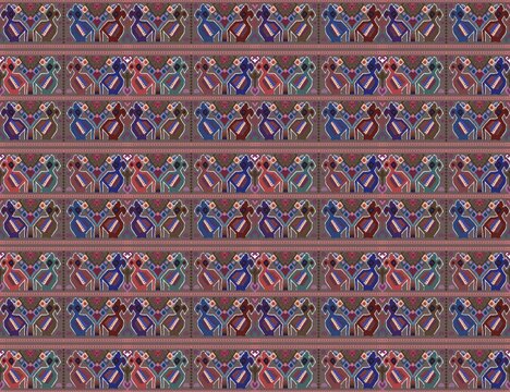 Traditional Lao Hmong silk textile pattern featuring intricate handmade motifs, inspired by nature, flowers, leaves, and cultural ornaments. Rich colors and detailed weaving design represent the herit