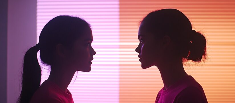 Twin girls face-to-face, window blinds background, silhouette, inner self