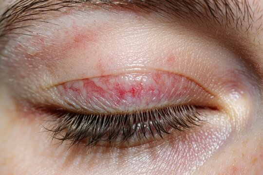 Macro closeup shows closed eye with severe redness inflammation and irritation on eyelid. Lashes appear dry and crusty, indicating discomfort. Skin shows visible capillaries.