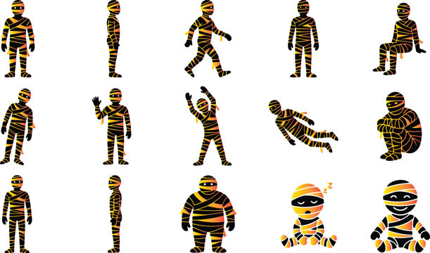 Halloween mummy characters in various poses and emotions