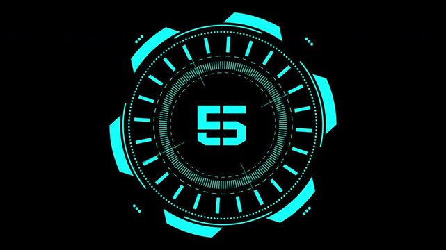 10 Second circular countdown digital clock interface features glowing 55 numerals against a background, ideal for technology, countdown, and timekeeping designs.