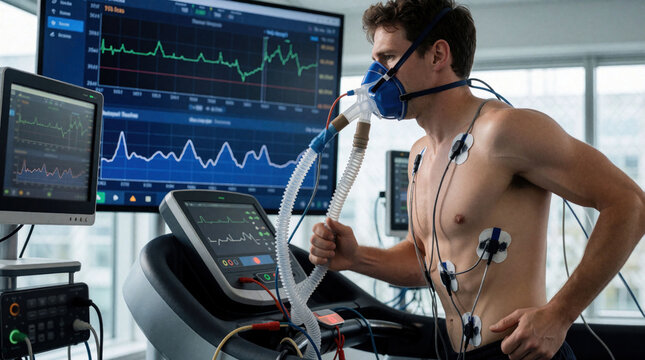 Male athlete runs on treadmill during VO2 max test in sports science lab. Man wears mask with tubes, sensors attached to torso. Monitors show biometric data heart rate, oxygen consumption.