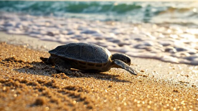 Sea turtle crawling on sandy beach towards ocean waves