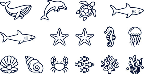 Minimalist Marine Life and Sea Creatures Thin Line Icon Set with Whale Dolphin Shark Turtle Seahorse Crab and Coral Graphic Design Elements, © MdJalal