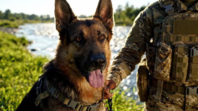 Soldier and German Shepherd dog standing near river