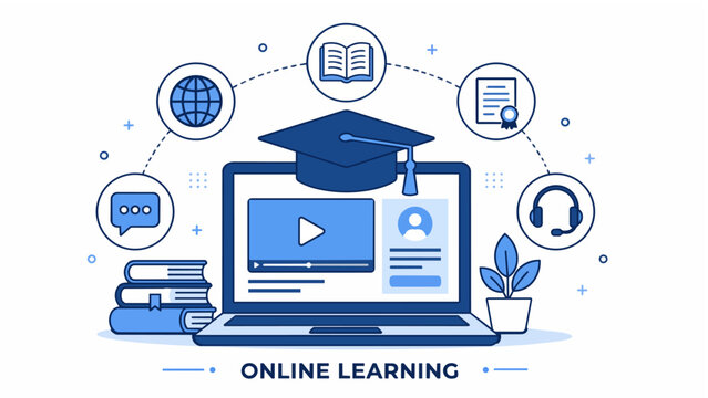 Online learning and e-learning concept banner with laptop graduation cap books for digital education web course study and distance training