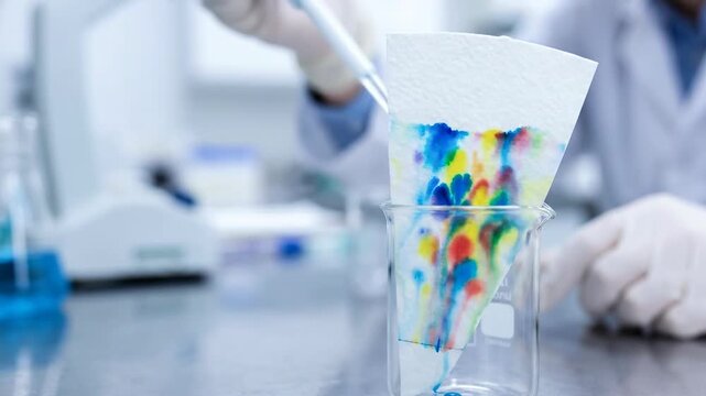 RD engineer tests filter paper chromatography in laboratory with scientist hands and beaker for sample separation analysis