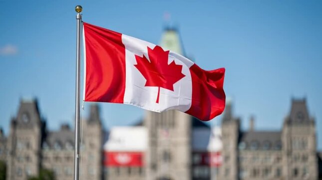 The Canadian flag waving in front of the Parliament buildings in Ottawa.